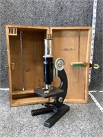 Old Microscope and Wooden Box