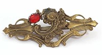 Vintage Brooch Pin Bright Red Stone, 2.5" Wide