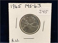 1965 Canadian Silver 25 Cent Piece  MS63