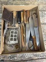 Box of misc kinives, sharpeners, tools