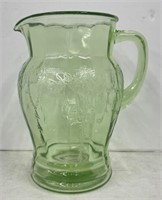 (P) Green Depression Glass Pitcher. 8 x 5 x 7