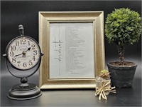 (4) Decor: Clock, Topiary, Framed Poem, +1