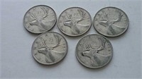 Five 1951 Canada Silver 25 Cent Coins