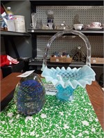 Glass Paperweight & Blue Fenton Basket(has