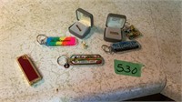 Keychains, lighter, Montgomery Ward pens, lighter