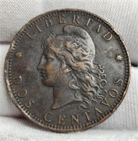 1885 Argentina 2 Centavos Bronze Coin VF