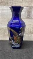 Vintage Cobalt Blue Hand Decorated Vase 10.25" Tal