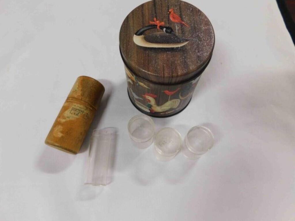 metal & wood canister & plastic coin holder