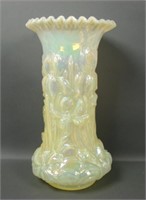 Fenton Vaseline Opal Heavy Iris Crimped Vase