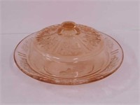 Pink Depression glass: Cabbage Rose butter dish -