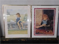 2 FRAMED PRINTS GIRL WITH CAT