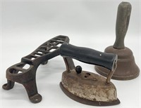 Antique Sad Iron, School Bell & Shoe Shine Stand