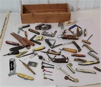 Wooden box full of pocket knives including case,