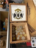 CIGAR BOX WITH MISC. FOREIGN COINS