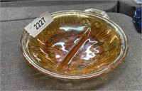 Orange Carnival glass relish, dish with handle