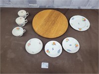 Tea cups/saucers, wood lazy suzan, plate