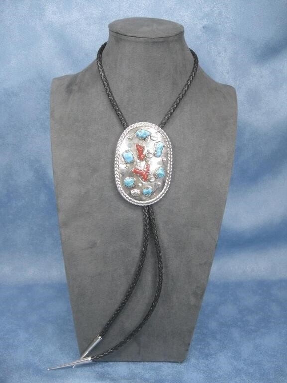 Sterling Silver Tested Turq & Coral Bolo Tie