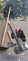 Lot with axe , roofing hammer, hand drill and