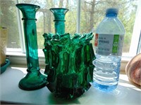 HEAVY GREEN GLASS & 2 TALL GLASS CANDLE HOLDERS
