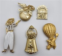 5  Fun Gold Tone Brooches, 4 Signed