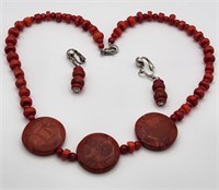Beautiful Red Coral Necklace and Clip Earrings
