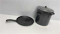 Enamelware steamer pot and LODGE cast iron