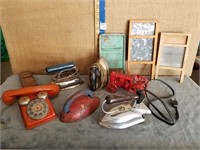 CHILDS TOY IRONS,WASHBOARDS & PHONE
