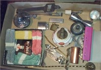 Box of vintage lighters, openers, barware etc