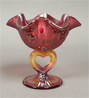 Vintage Fenton Red Iridescent Heart Pedestal Dish