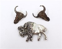 Sterling Silver Buffalo Brooch & Earrings