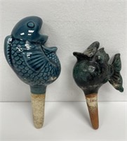2 Vtg Blue & Green Koi Fish Ceramic Watering Spike