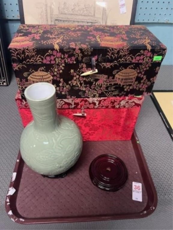 GREEN CHINESE VASE W/ 2 ORIENTAL CLOTH BOXES
