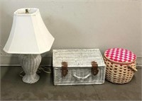 Wicker Lamp with Shade & Baskets, Lot of 3