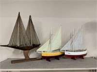 3 Wood Sailing Boats (1) Mid Century 25"t, (2) 19"