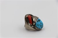Vintage Navajo Sterling Turquoise and Coral Ring