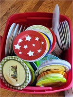 Large Tote of Plates and other Kitchen Items