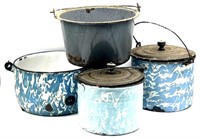 (4) Antique Enamel Granitewear Handle Pots, Bucket