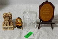 Bird in egg with holder, wooden plaque w/ stand
