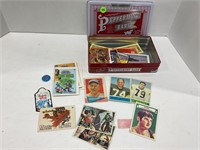 Assorted ball cards, comic cards in tin