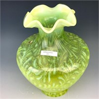 Fenton Vaseline Opal Daisy & Fern Ruffled Vase