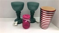 (2) decorative home accents (1) pink jar bank (1)