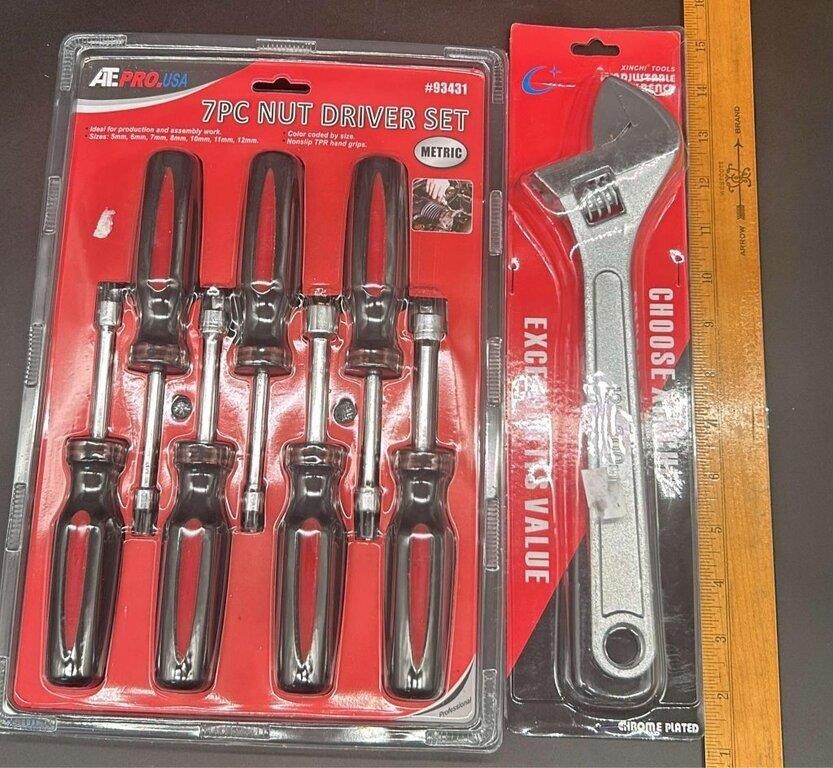 7 Pc NIB Nut Driver Set & Adjustable Wrench