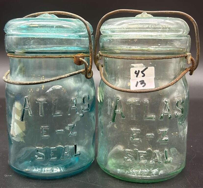 2 Antique Atlas Wire Top Fruit Jars - Pints