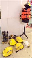 (6) HELMETS, LIFE VEST, FIRE FIGHTERS BOOTS....