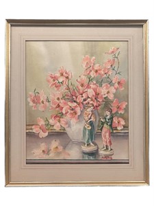 Framed Watercolor of Pink Flowers in White Vase
