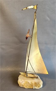 Sailboat Sculpture -Metal & Stone -Signed