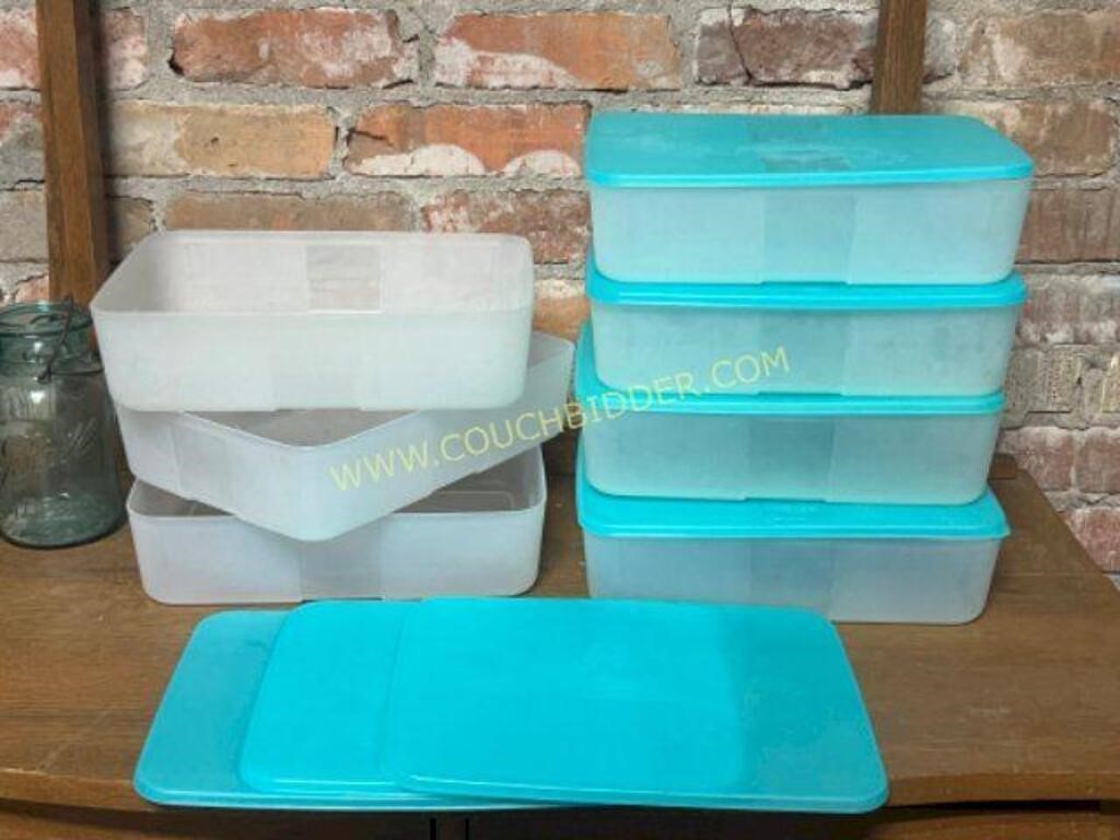 7 Tupperware Freezer Mates Rectangular blue lids