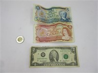 Billet de 2$ + 5$ Canada et 2$ USA