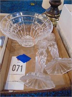 CLEAR GLASS BOWL & CANDLE STICKS