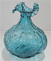 (Q) Fenton Teal Swan Vase With Ruffle Rim 8.5"